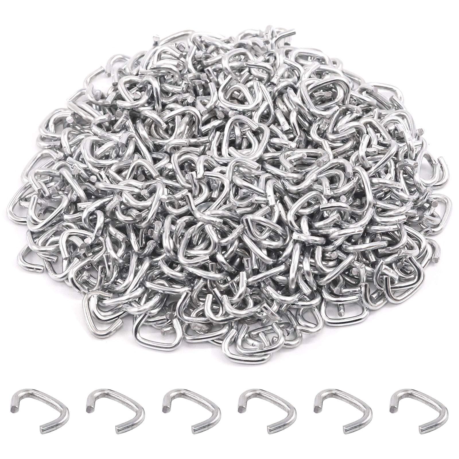 Rustark hog rings close-up shows galvanized steel and durable crimp design for upholstery.