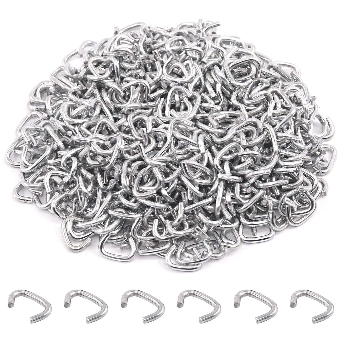 Rustark hog rings close-up shows galvanized steel and durable crimp design for upholstery.