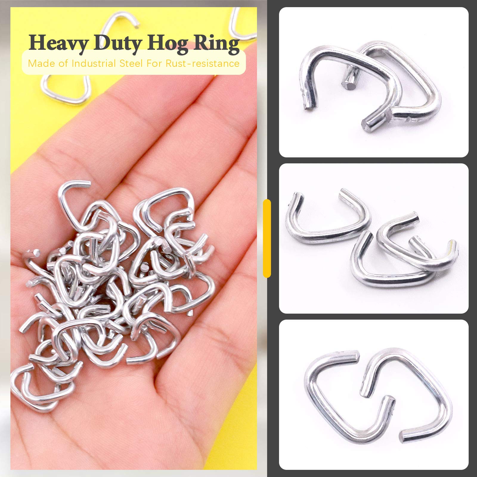 Rustark hog rings reinforcing fencing and chicken wire for stability.