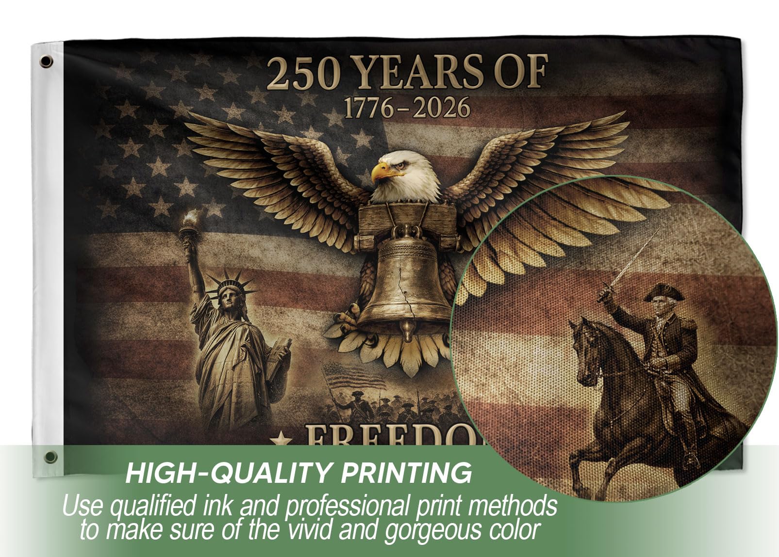 RustField Co 250th anniversary flag back view maintains legible imagery from behind.