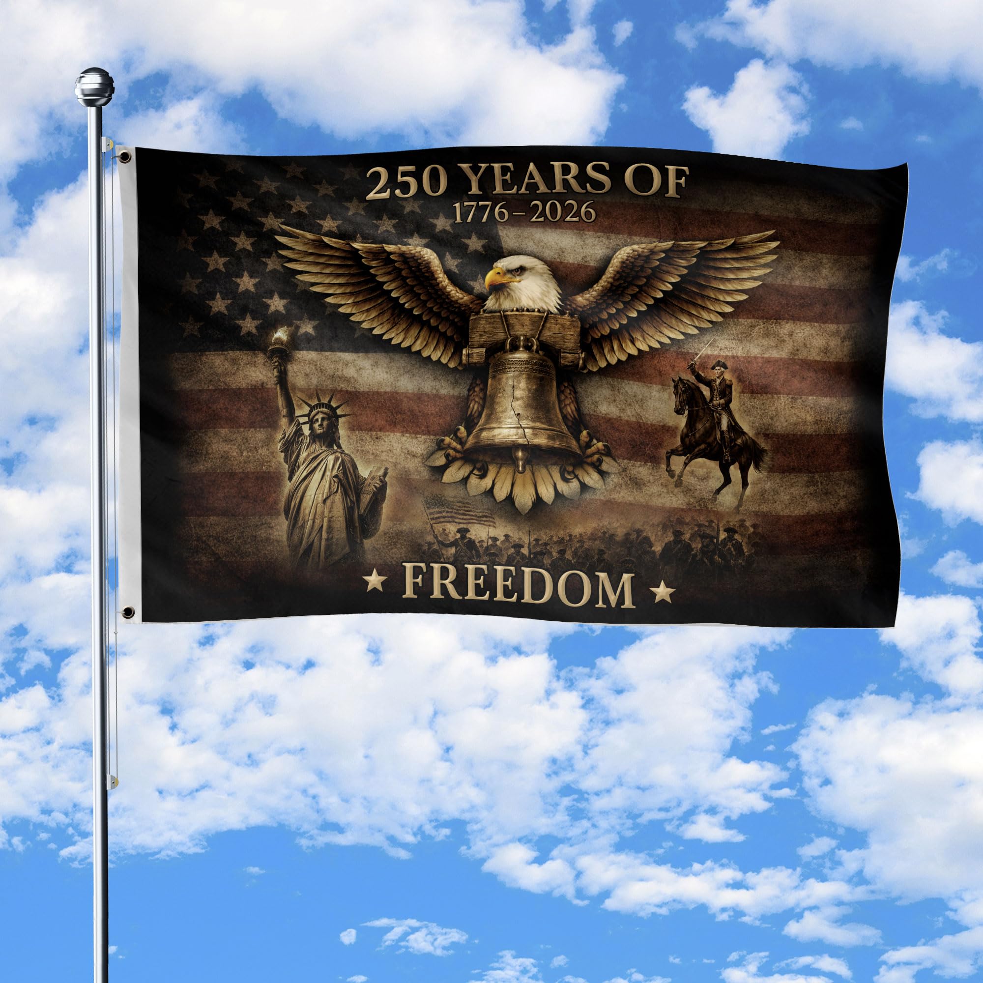 RustField Co 250th anniversary flag front view for vivid outdoor display.