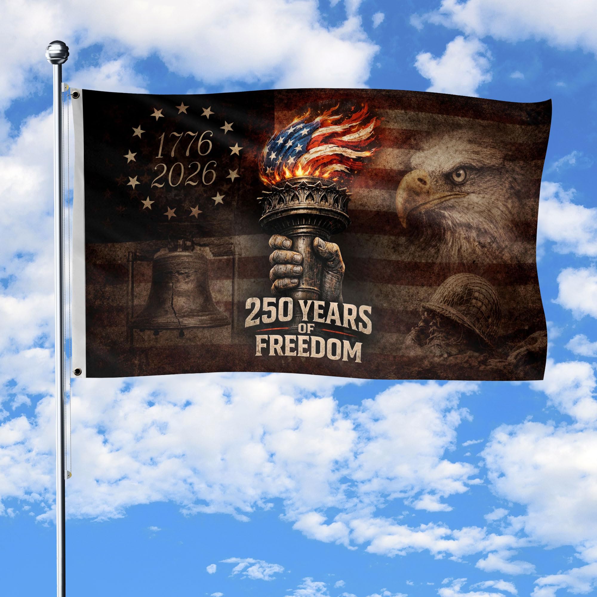 RustField Co 250th Anniversary USA flag, 3x5 banner, durable outdoor-ready display.