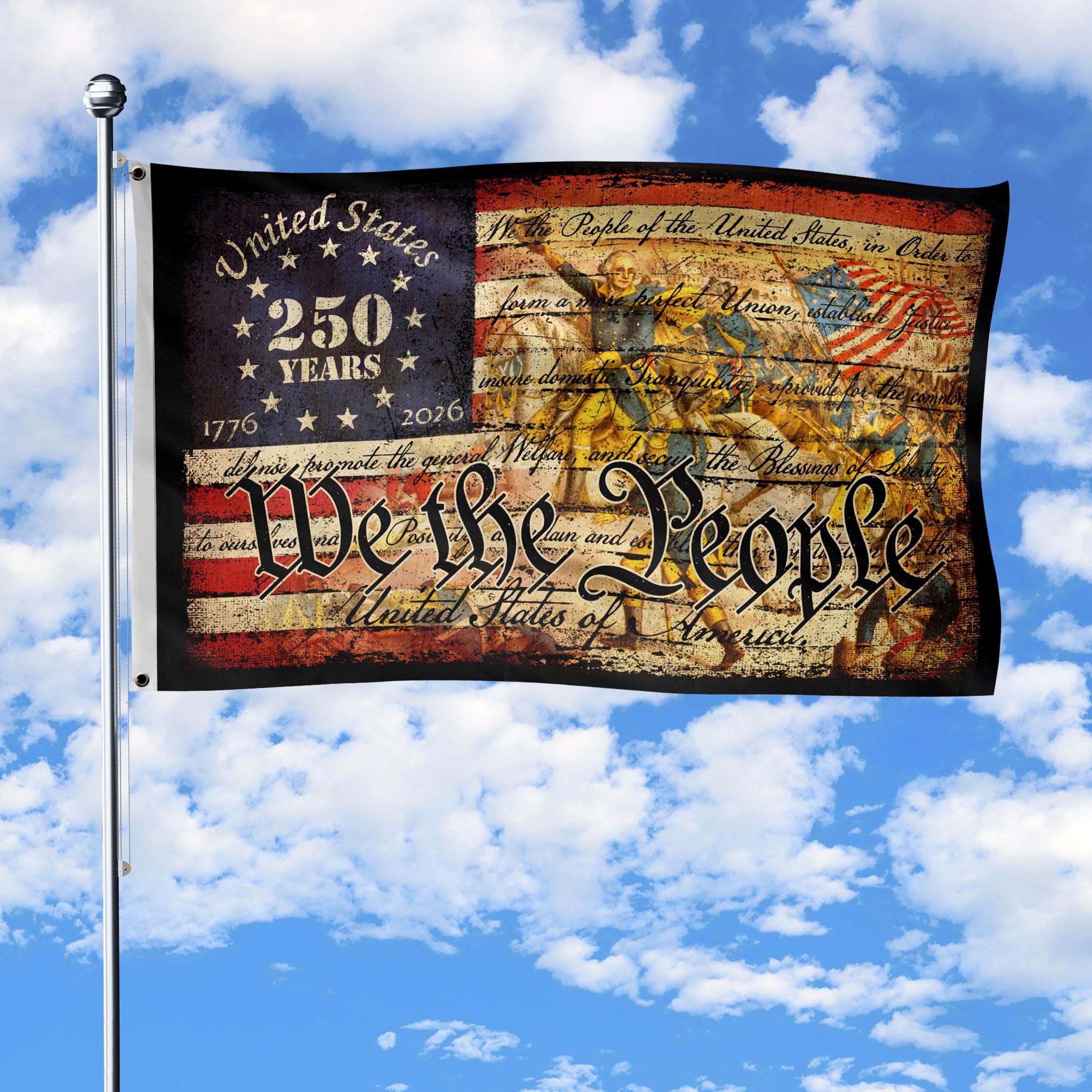 RustField Co 250th Anniversary USA flag front view with vibrant graphics for festive display.