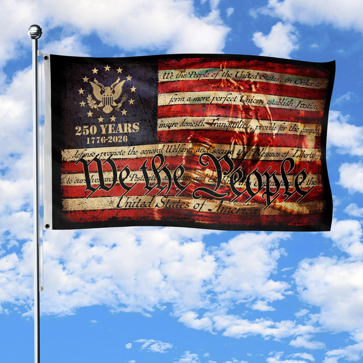 RustField Co 250th Anniversary USA flag, two-sided design, vivid graphics for indoor or outdoor display.