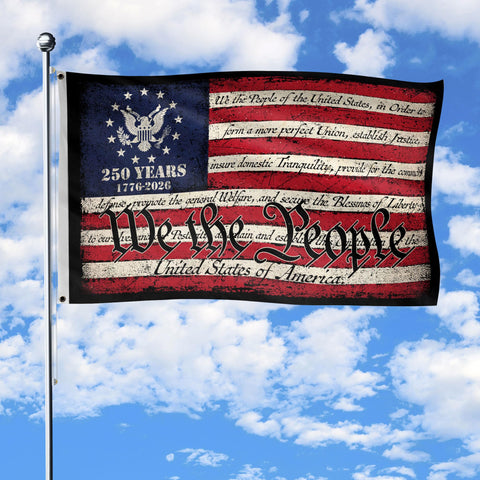 RustField Co USA flag 250th anniversary, two-sided graphics for outdoor display.