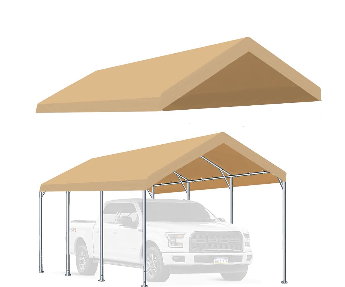 Rutile 10x20 carport top cover beige, front view showing full canopy fit