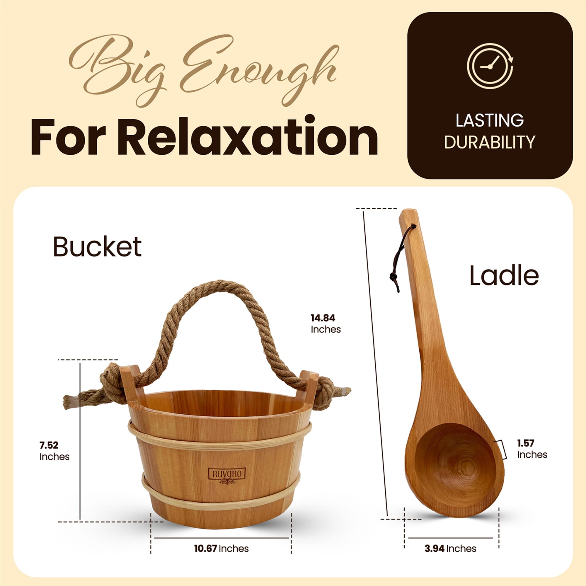 RUVARO cedar ladle resting against the bucket for easy scooping