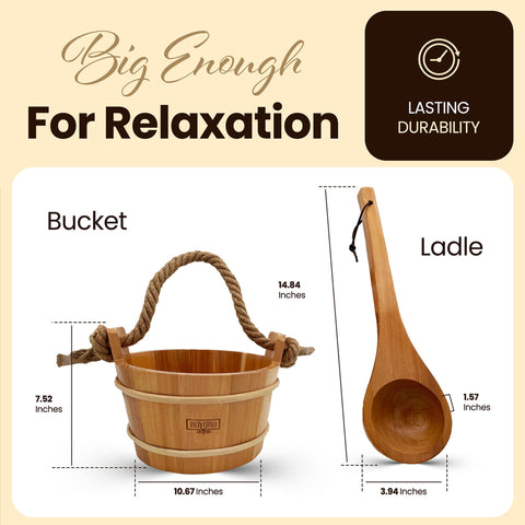 RUVARO cedar ladle resting against the bucket for easy scooping