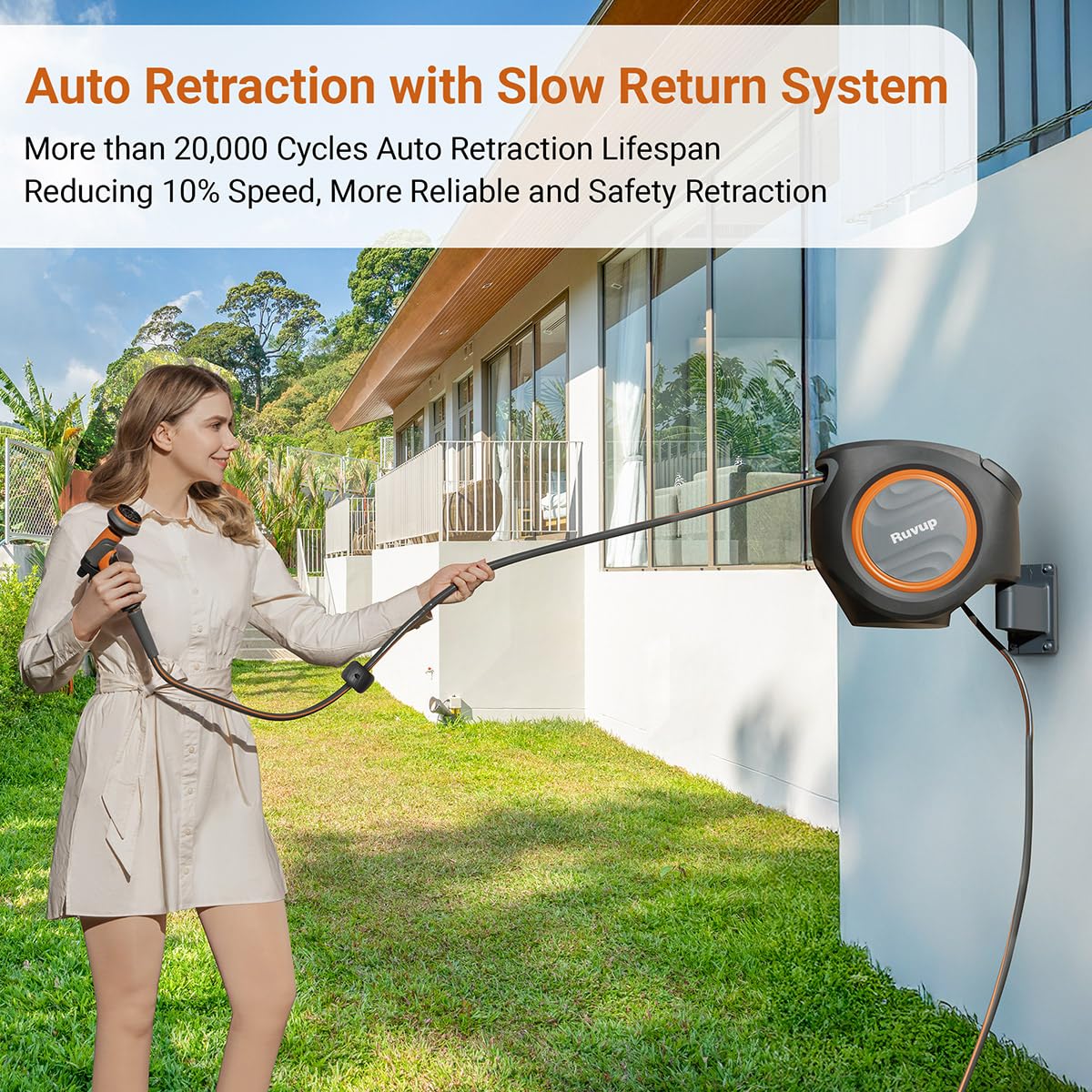 Ruvup auto-rewind hose reel showing slow retraction for safety