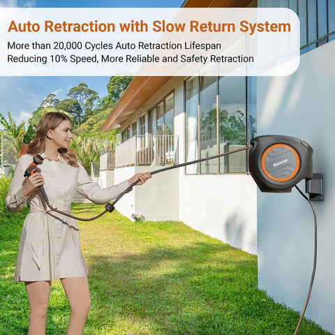 Ruvup auto-rewind hose reel showing slow retraction for safety