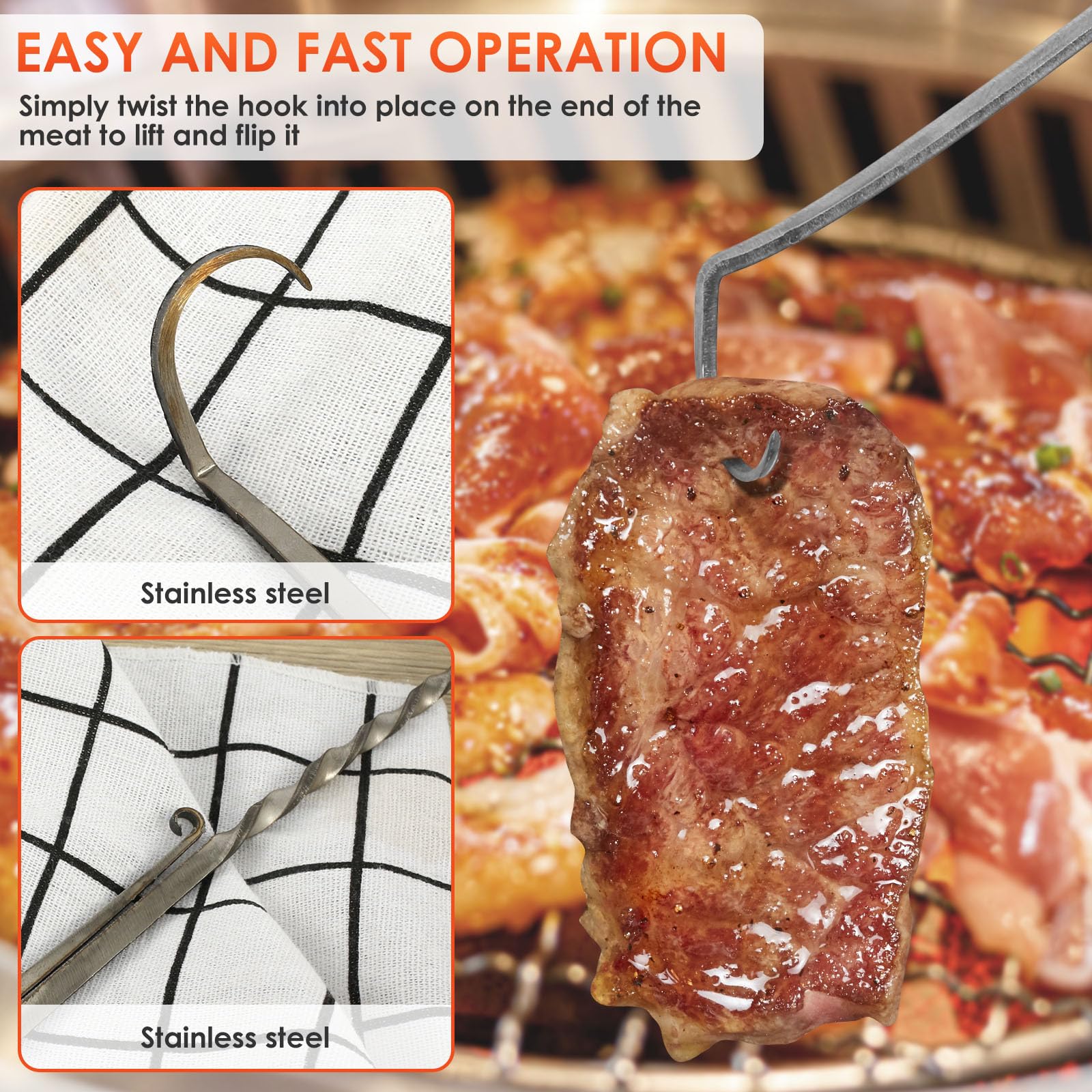 RVEFOT flipper end featuring pigtail hook for lifting meat gently