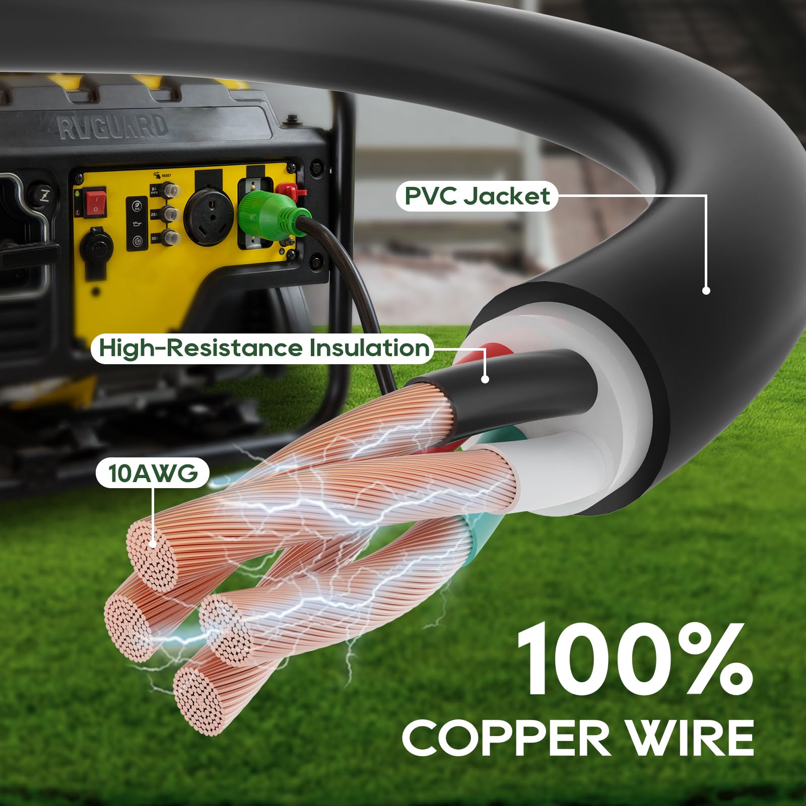 RVGUARD 10-gauge copper conductor cord designed to handle heavy loads safely.