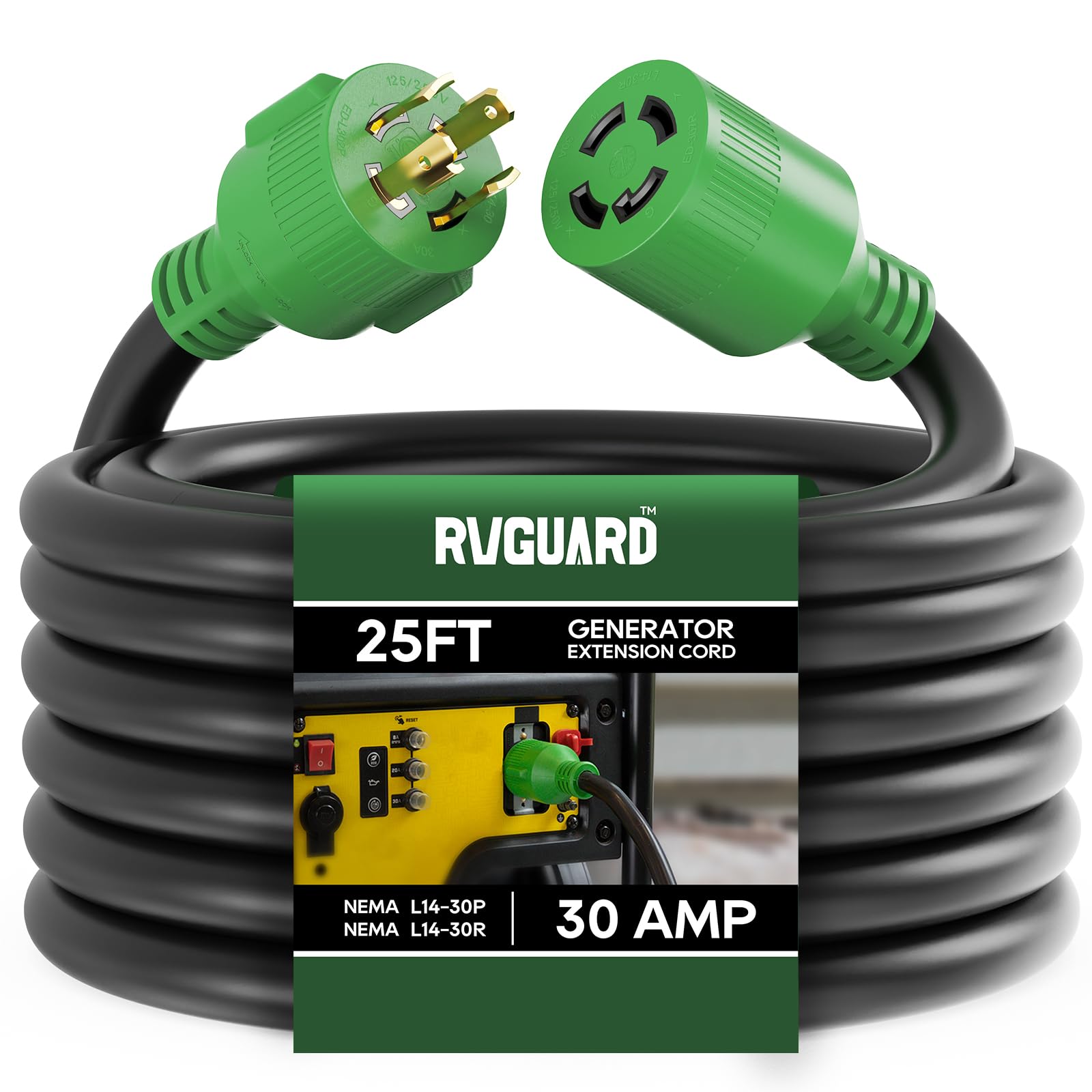 RVGUARD L14-30P to L14-30R generator cord demonstrating 25 ft length for versatile power delivery.