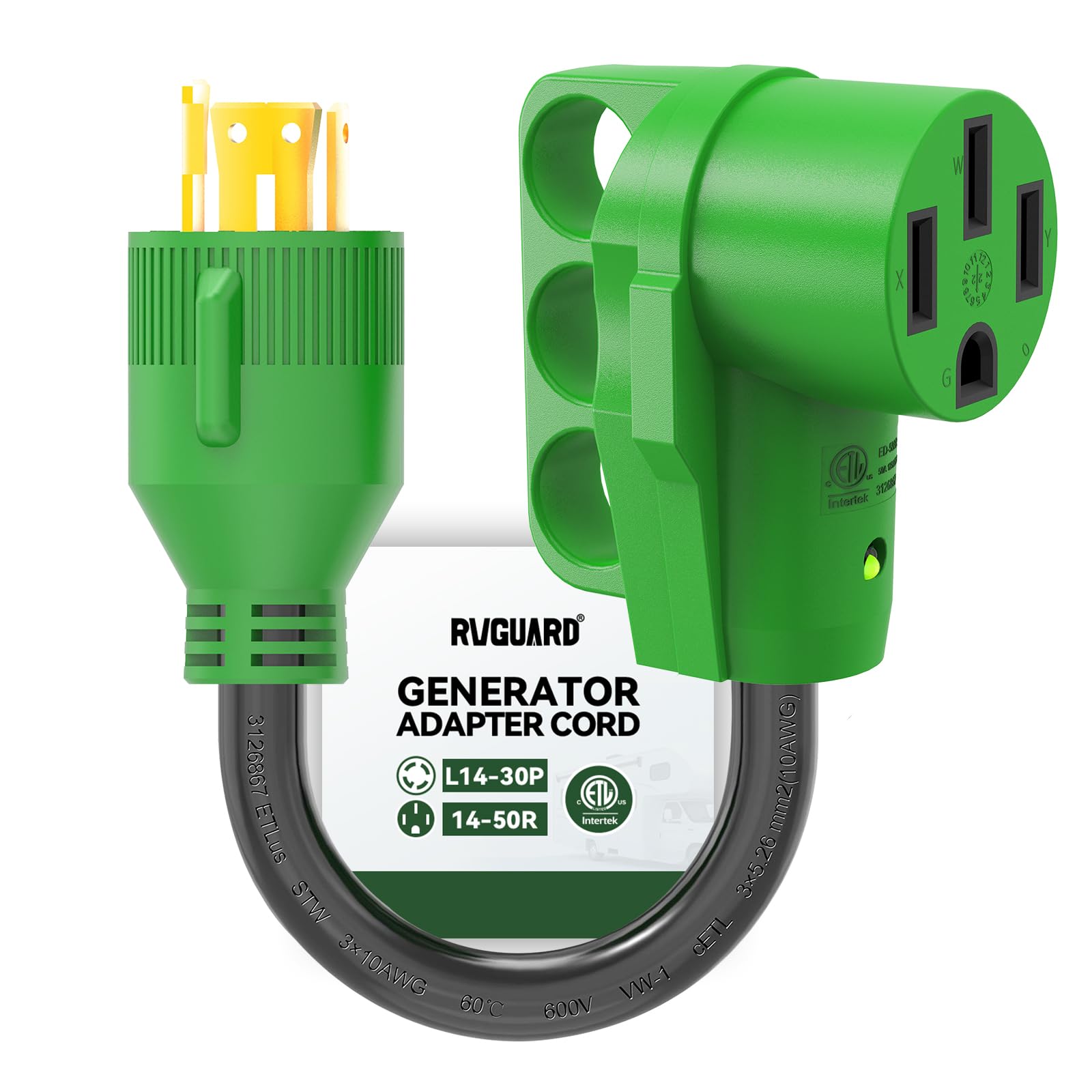 RVGUARD L14-30P to 14-50R adapter shown for outdoor RV power connections