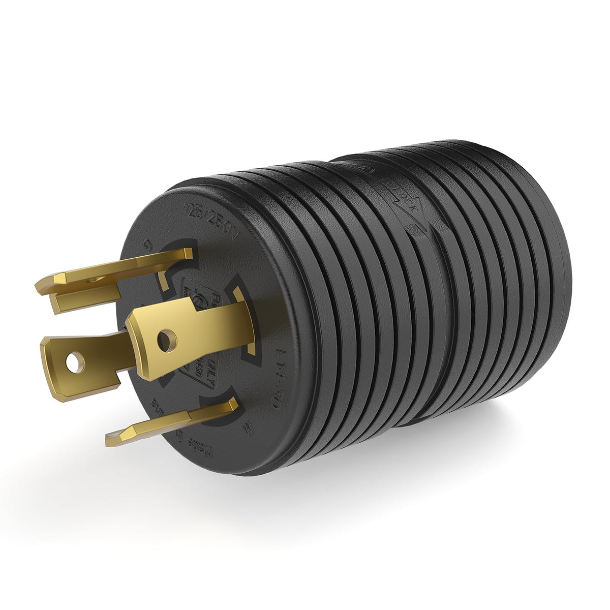 RVGUARD L14-30P to L5-30R locking adapter with grooved grip for secure connections.