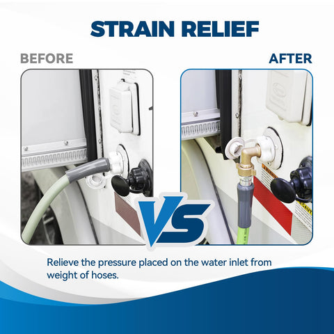 RVGUARD strain-relief elbow helps prevent hose tension at the inlet.