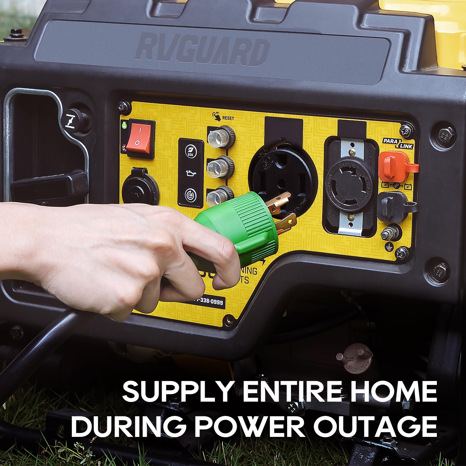 Close-up of RVGUARD twist-lock plug securing a generator connection.