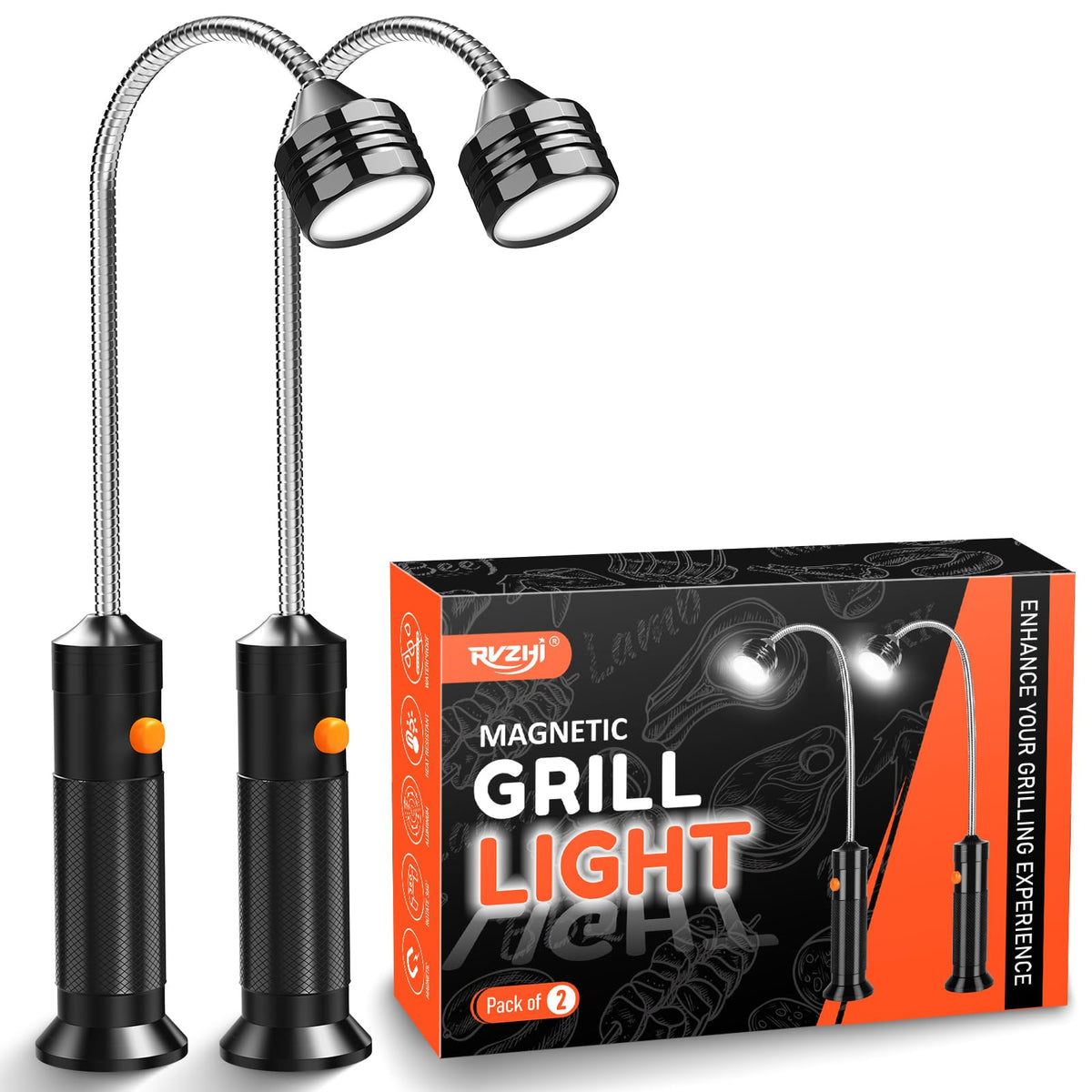 RVZHI 2-pack grill lights with magnetic mounting illuminate outdoor grilling.