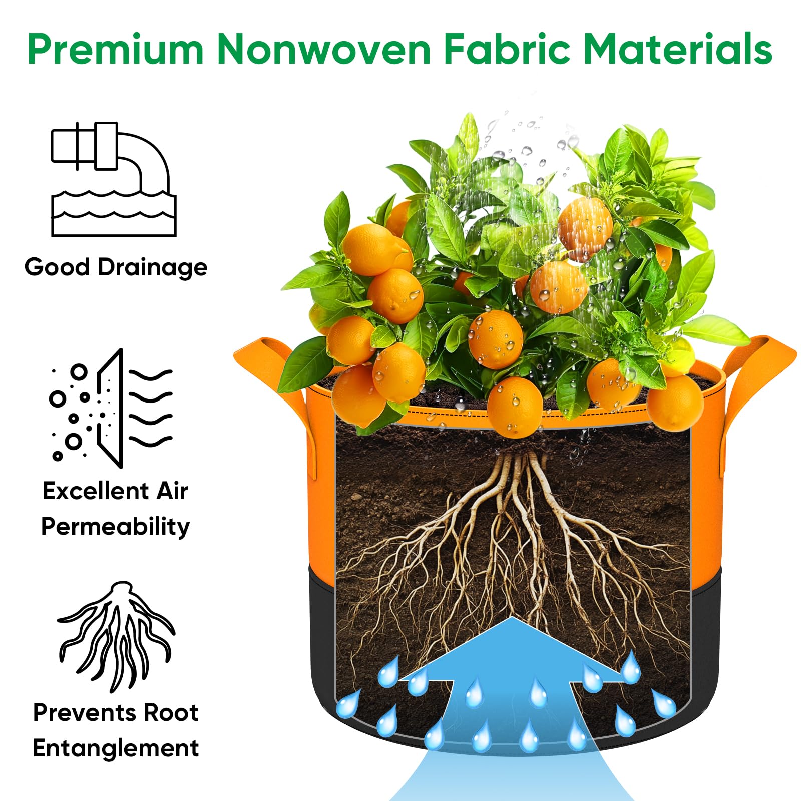 RVZHI air-permeable garden bags promoting drainage and root health.
