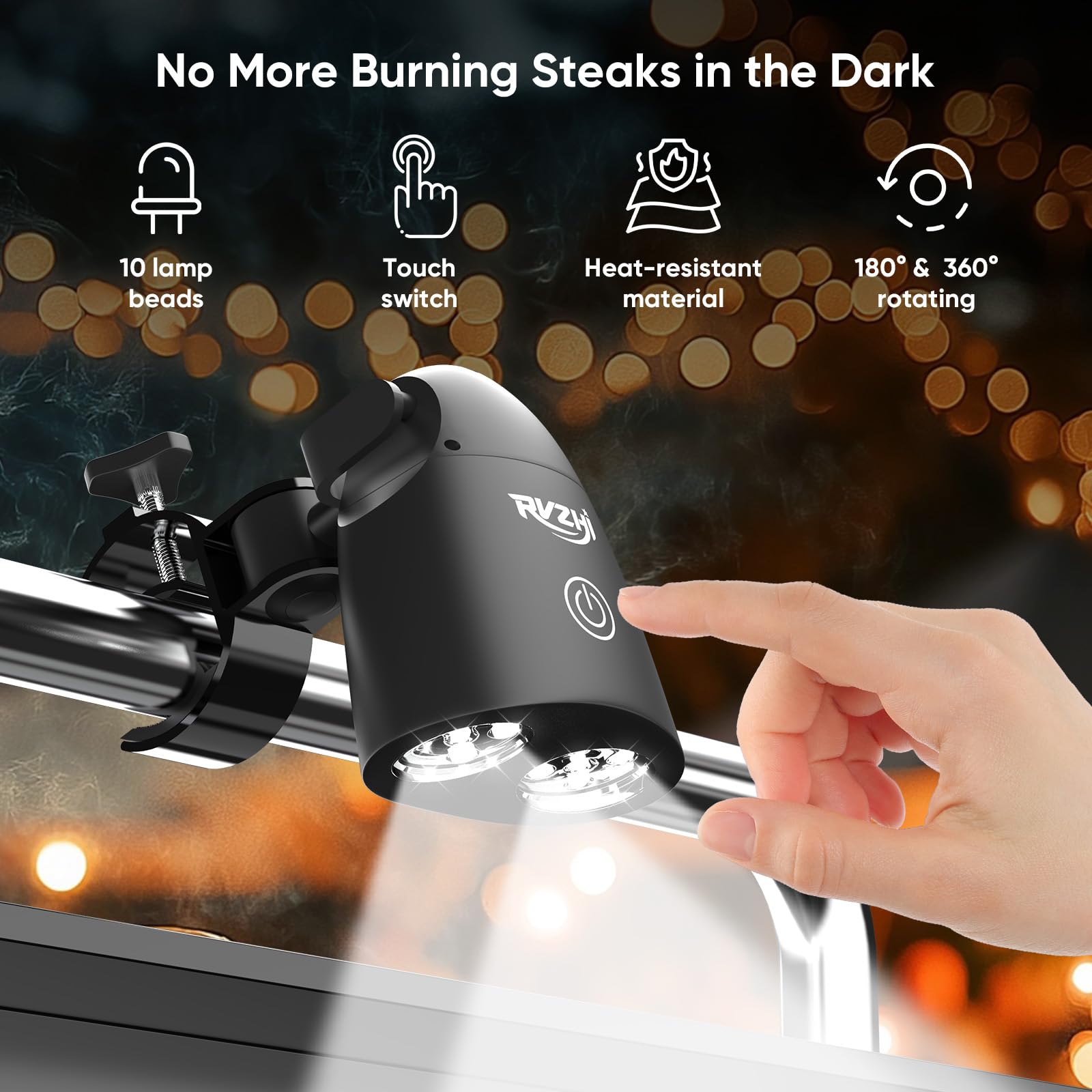RVZHI grill light head rotates 360 degrees for targeted lighting while grilling.