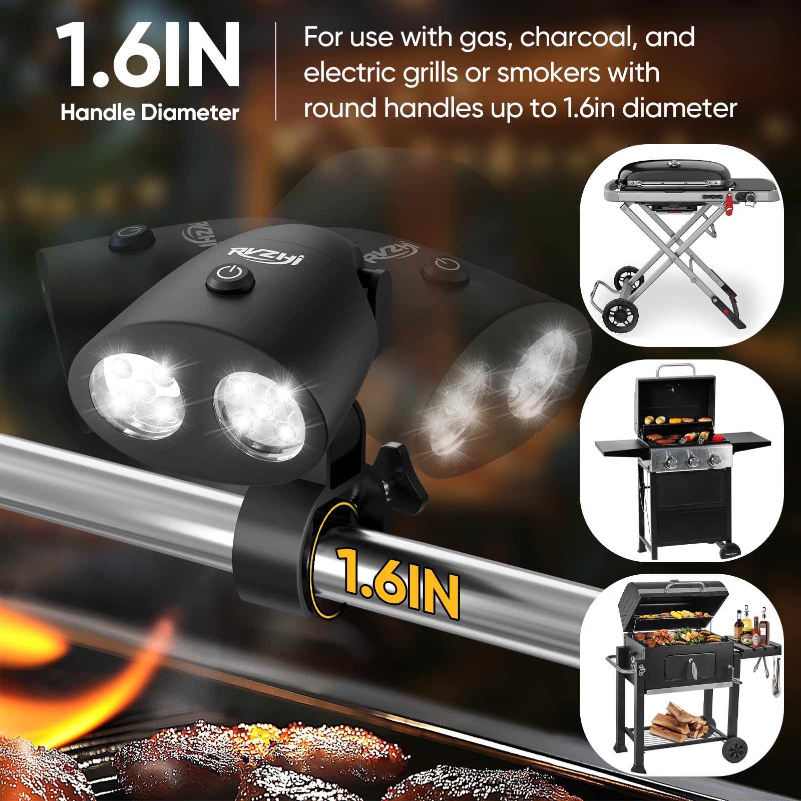 RVZHI light features an aluminum clamp with rubber handle for secure mounting.