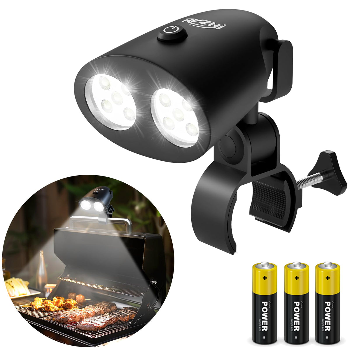 RVZHI Grill Light with clamp-on handle mount for secure, hands-free grill lighting.