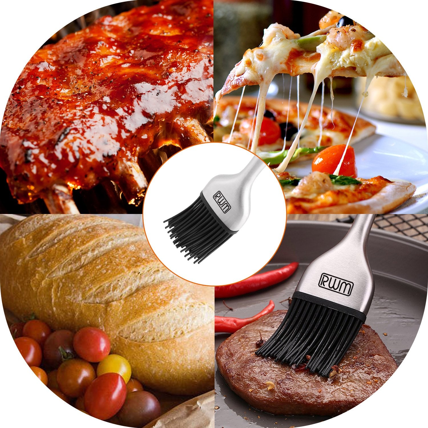 RWM basting brush with dishwasher-safe design and orange head for easy cleanup.