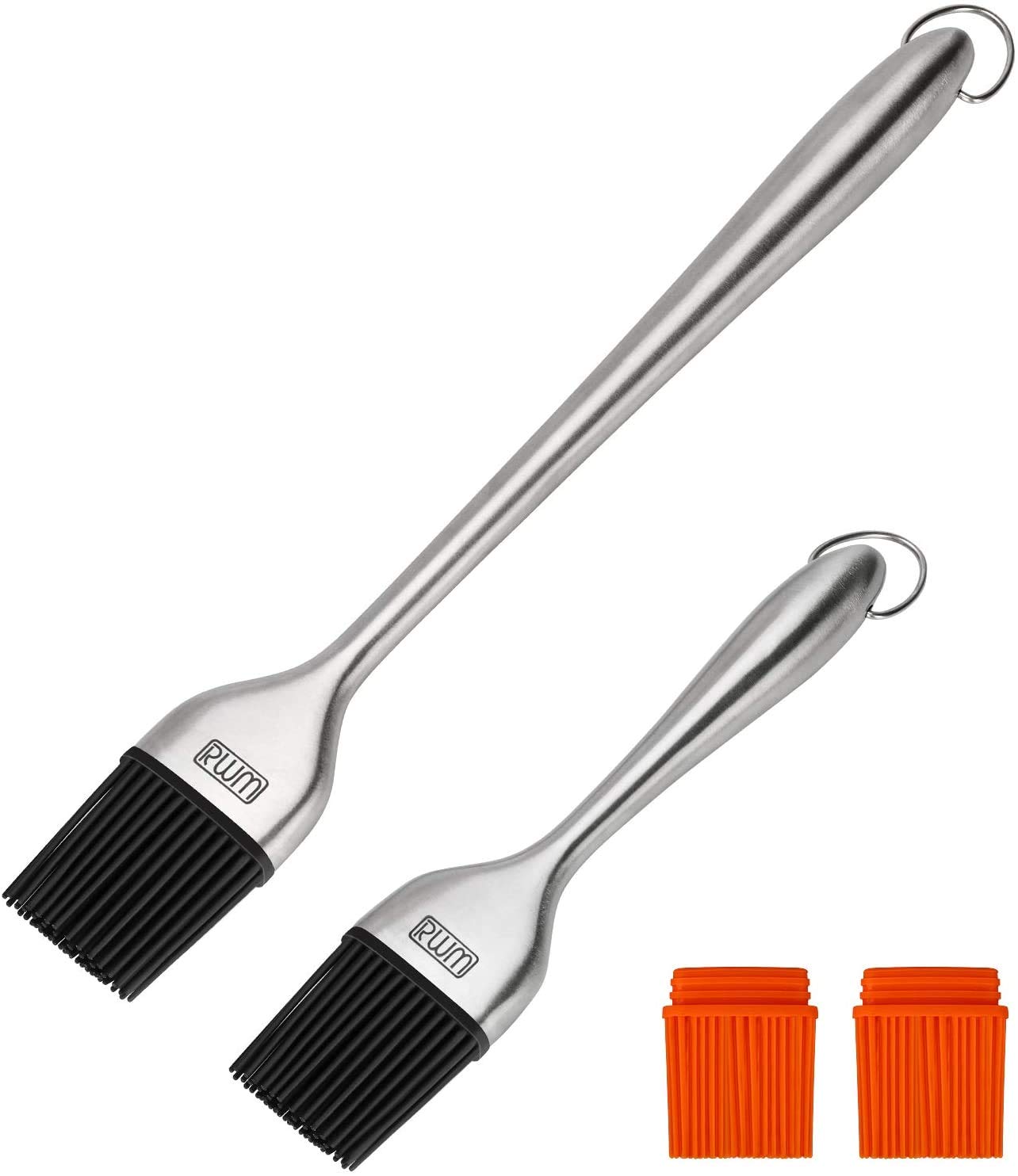 RWM basting brush with stainless-steel handle and orange silicone head for precise oil application.
