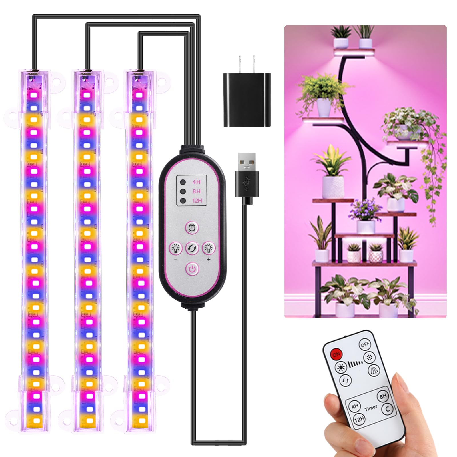 RWNTAO 7.8-inch three-head LED grow light strip full spectrum for indoor plants