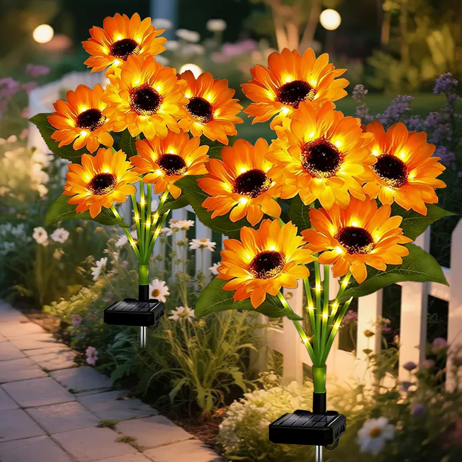 RWUSX solar sunflowers lights with six blooms decorates the garden at dusk.
