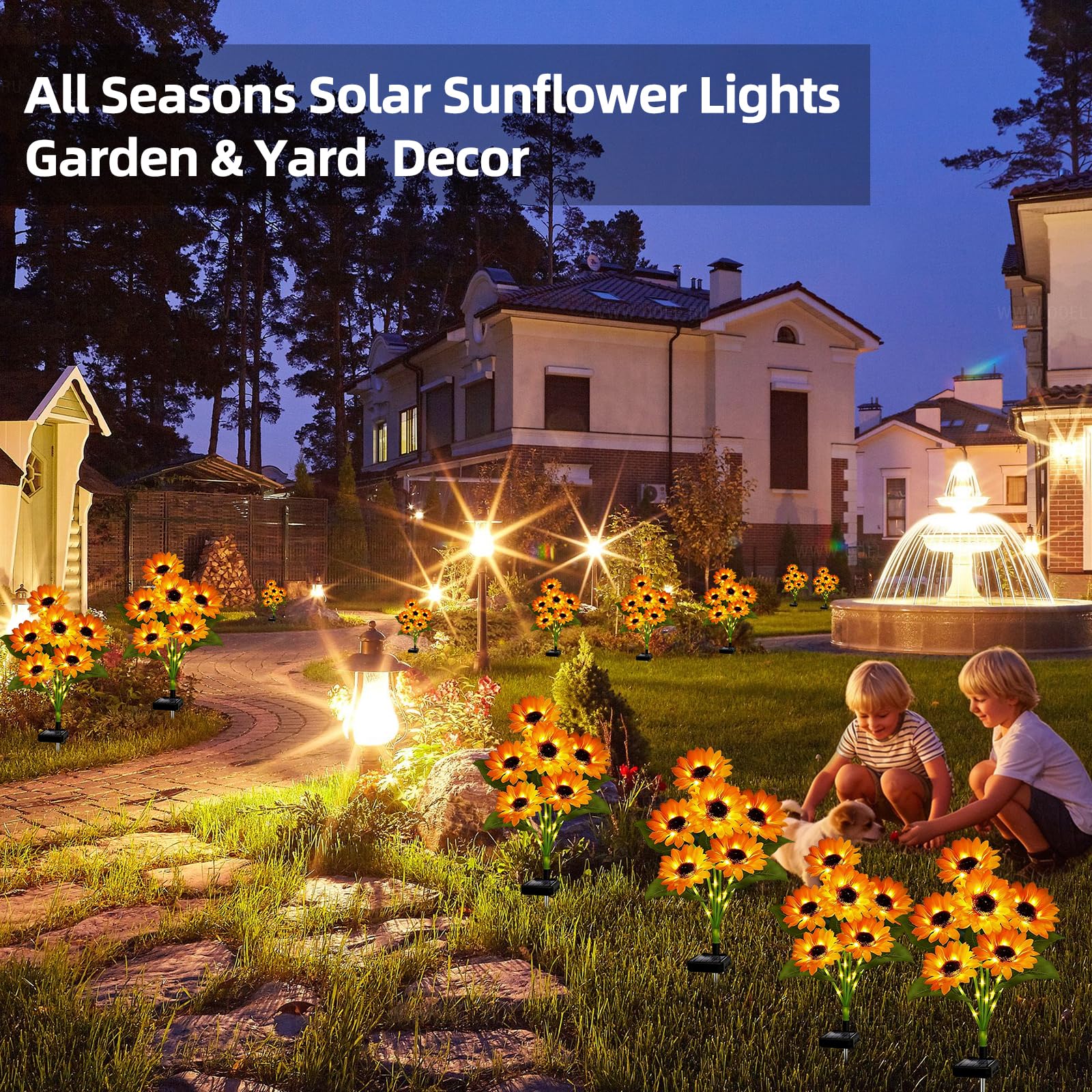 RWUSX solar sunflowers along a patio path brighten outdoor walkway.