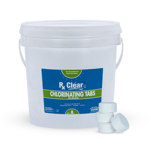 Rx Clear 1-inch chlorine tabs in a bag for convenient pool sanitization