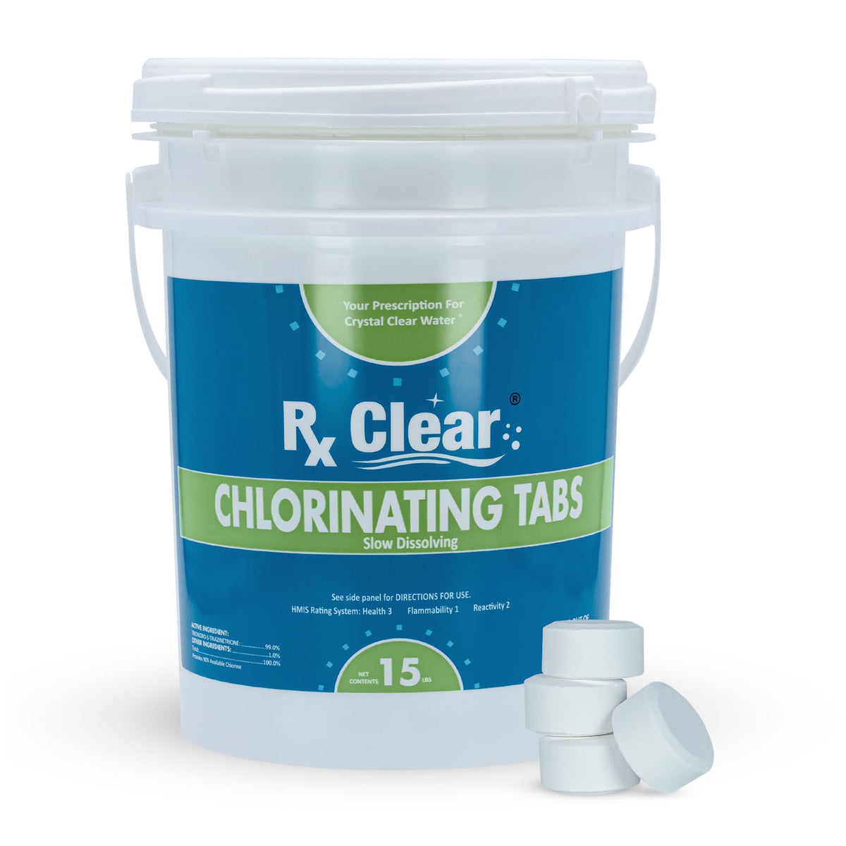 Rx Clear 1-Inch Chlorine Tabs bottle displaying stabilized, slow-dissolving sanitizer for pools and spas