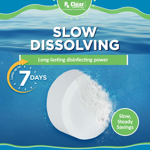 Rx Clear 1-Inch Chlorine Tabs being dispensed from a feeder for steady pool sanitation