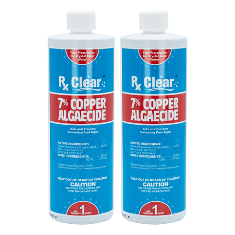 Rx Clear 7% Copper Algaecide bottle front view, strong algae control for pools.