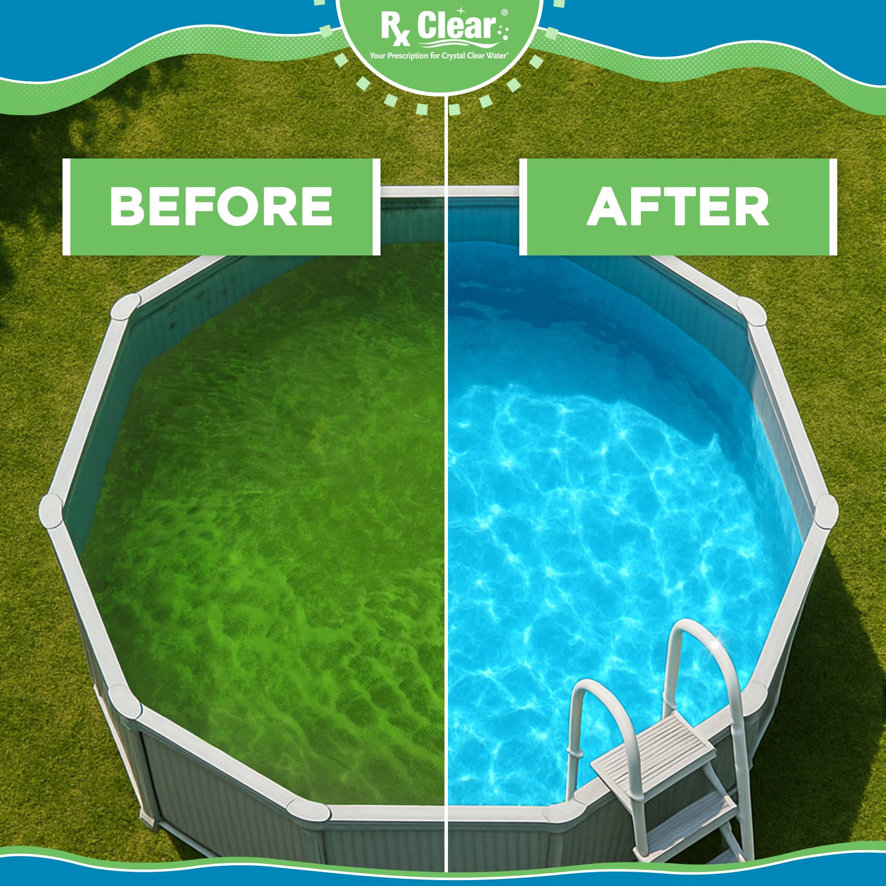 Rx Clear algaecide applied near pool edge, helps prevent algae regrowth.