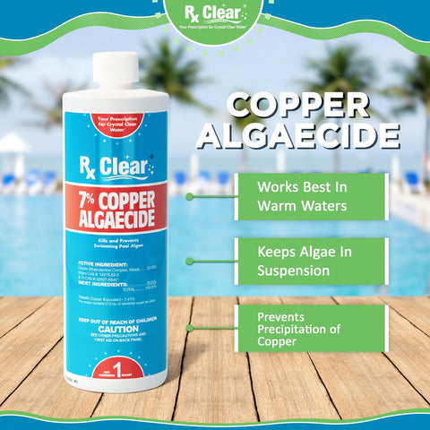 Rx Clear copper algaecide wall coating action, pool surface protection.