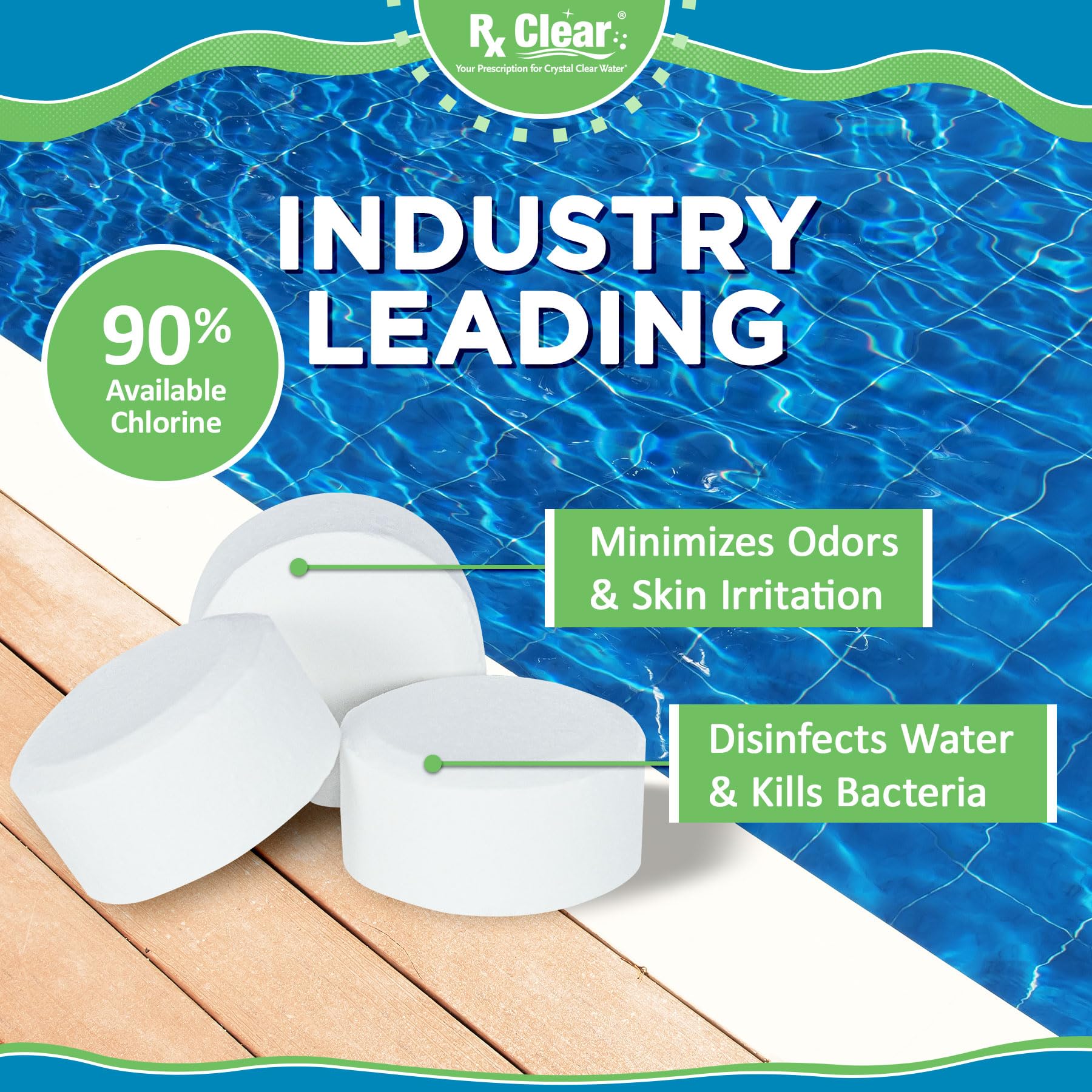 Rx Clear UV-protected chlorine tabs help outdoor pools stay clear