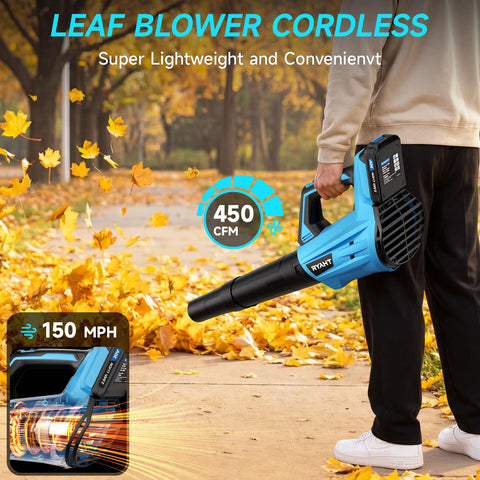 RYAHT cordless leaf blower features an axial flow motor for efficient debris clearance.