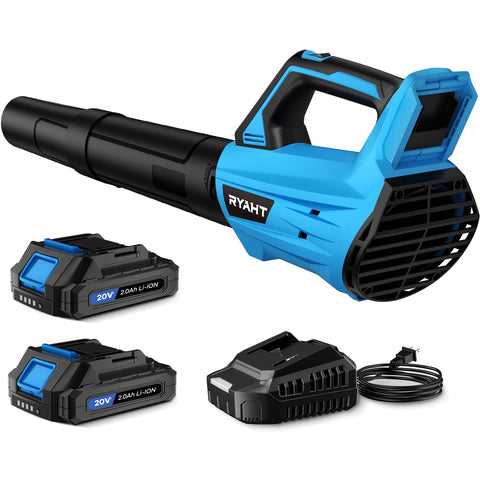 RYAHT cordless leaf blower with compact design for easy storage and one-handed use.