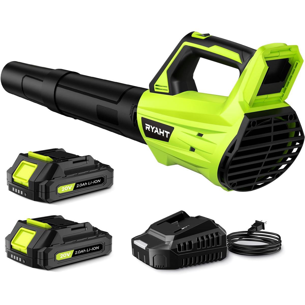 RYAHT cordless leaf blower front view highlighting compact, lightweight design for effortless yard cleanup.