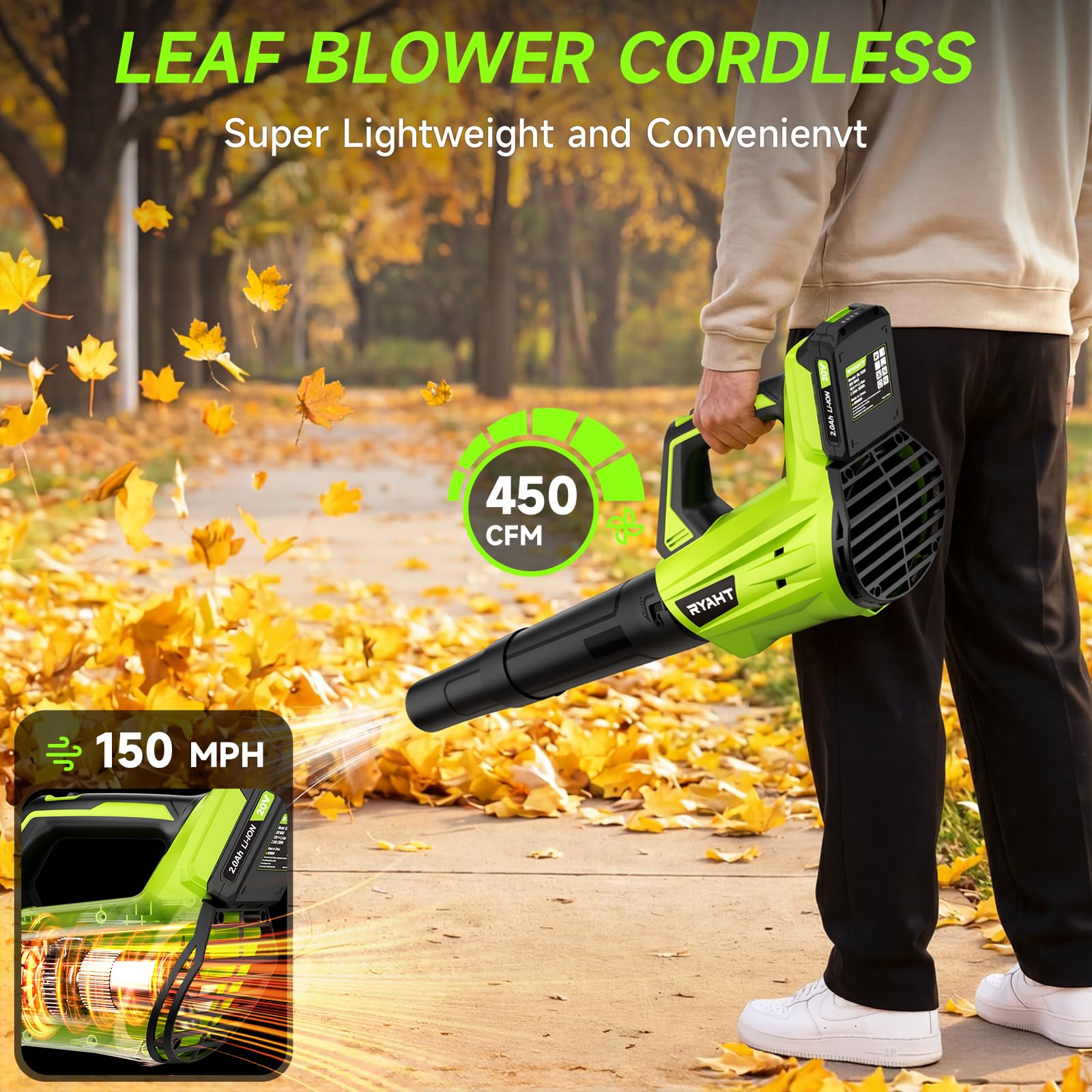 RYAHT leaf blower dual-battery setup shows extended runtime for longer cleanups.