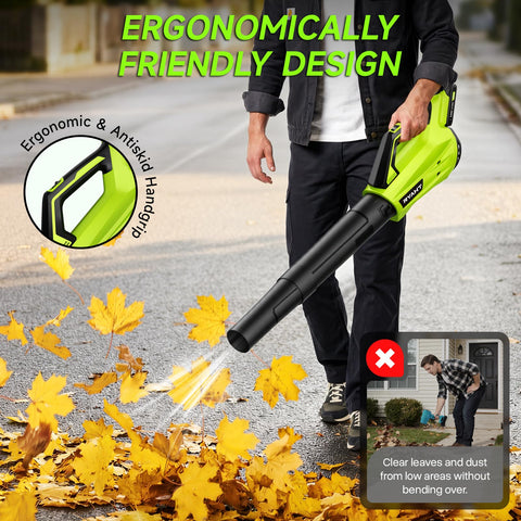 RYAHT leaf blower ergonomic handle emphasizes comfortable grip during extended use.