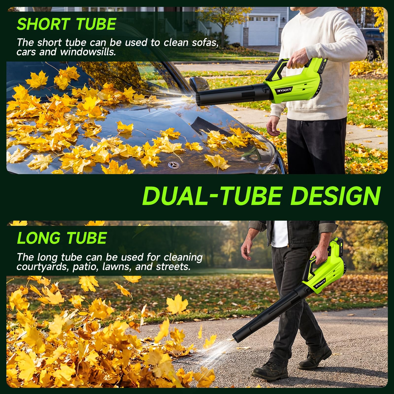 RYAHT leaf blower lightweight body showcases easy storage and one-handed operation.
