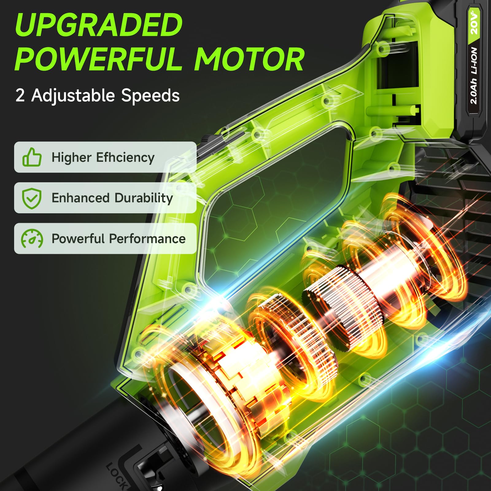 RYAHT leaf blower two-speed control image demonstrates adjustable power for various tasks.