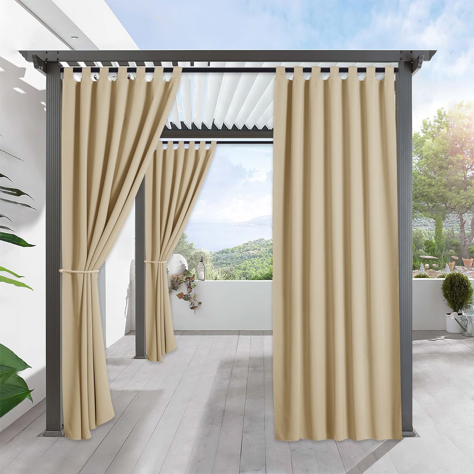 RYB HOME outdoor curtains tab-top closeup for quick hanging and enhanced privacy.