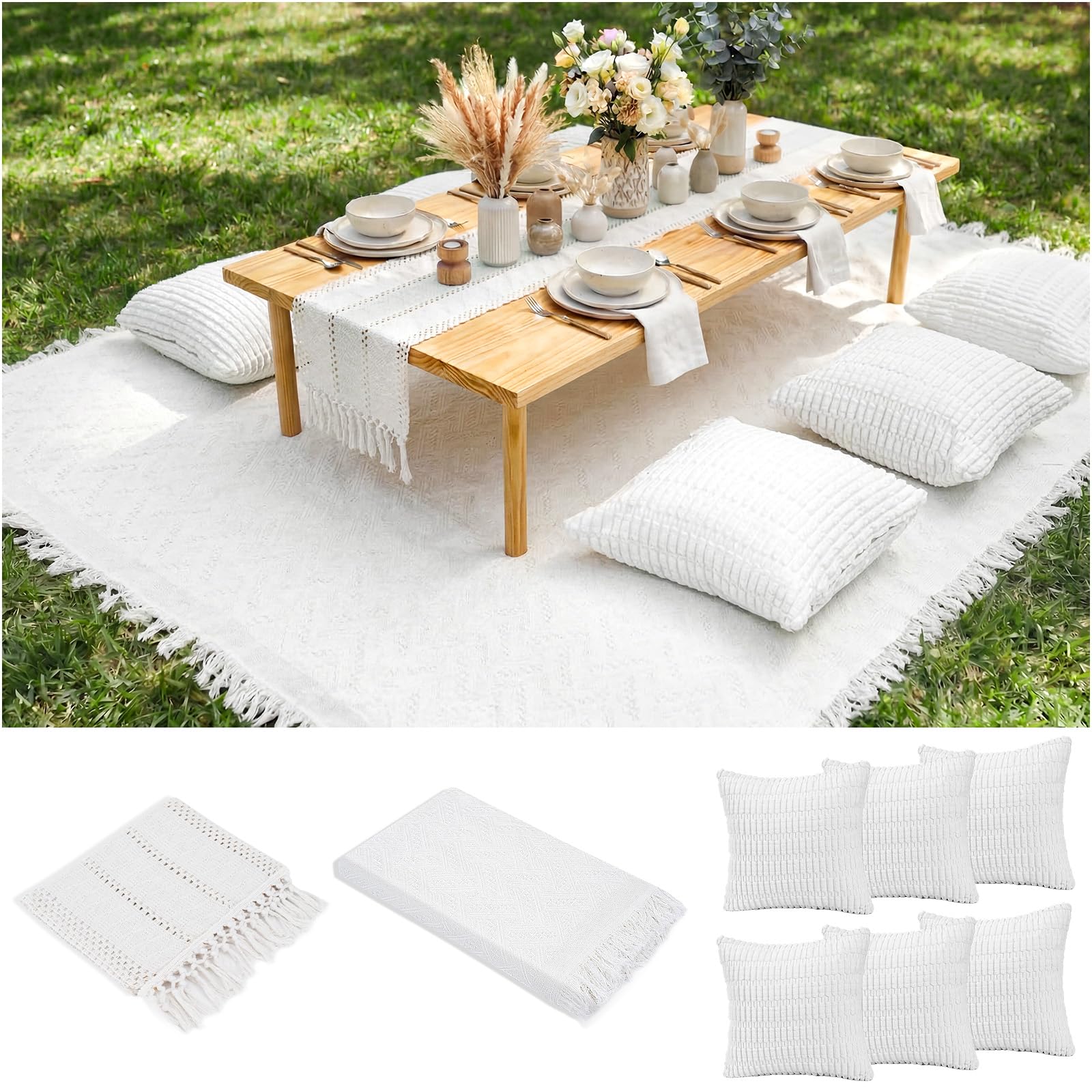RYCHIC extra-large boho picnic blanket with table runner on grass for casual outdoor gatherings.