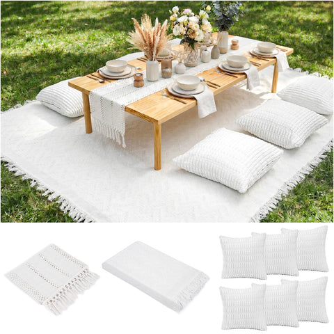 RYCHIC extra-large boho picnic blanket with table runner on grass for casual outdoor gatherings.