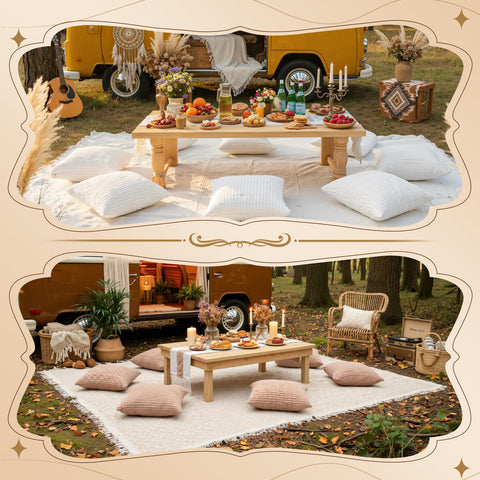 RYCHIC outdoor garden setup with blanket on lawn and coordinated decor pieces.