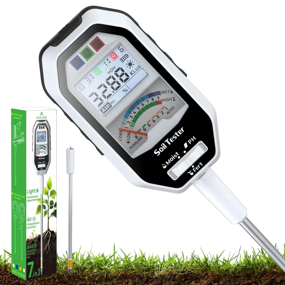 RYJNM 7-in-1 soil tester displaying moisture, pH and fertility for thriving garden.